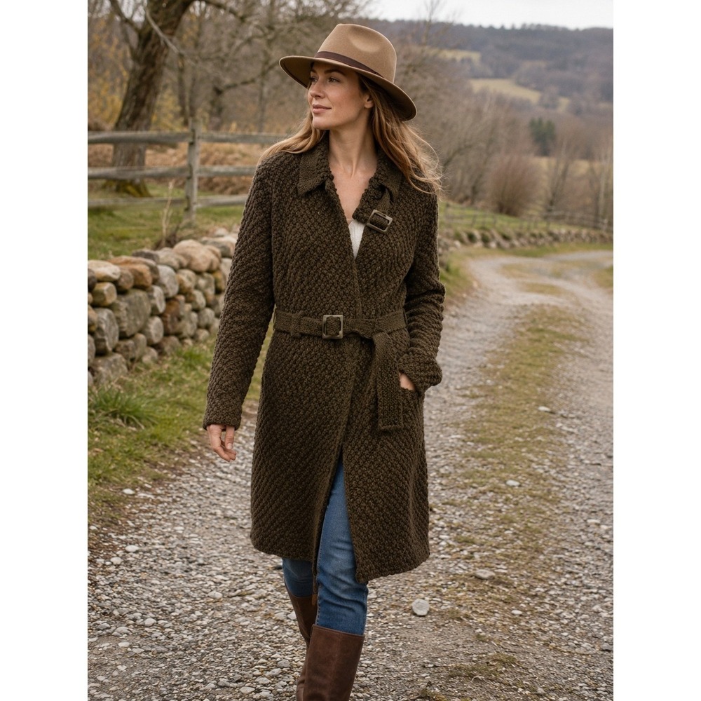 Cocogio Italy Womens L Chunky Knit Cardigan Sweater Brown Belted Longline Coat